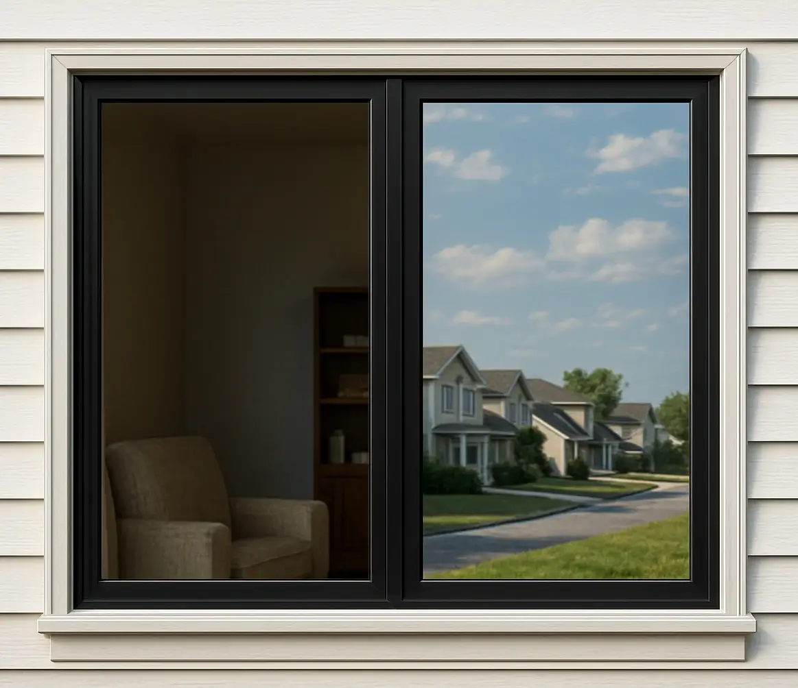 Coavas one-way window film installed on a home window.