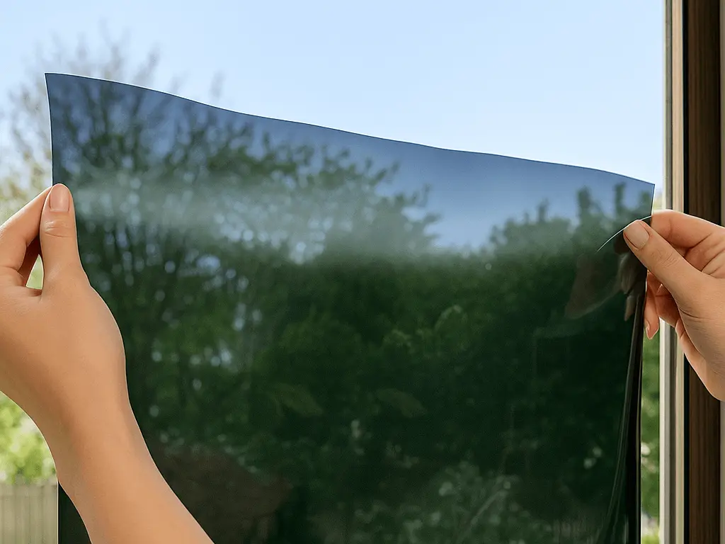 Person applying the window film on a window