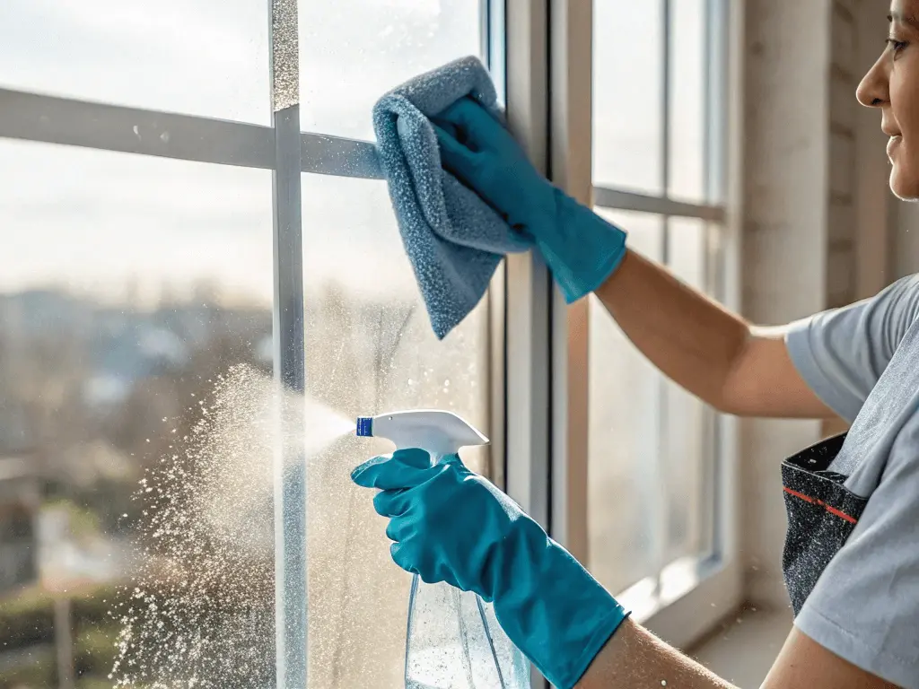 Cleaning the window with a spray bottle and cloth