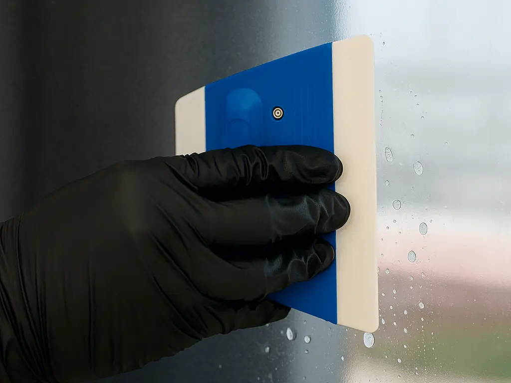 Removing water from the window film with a squeegee